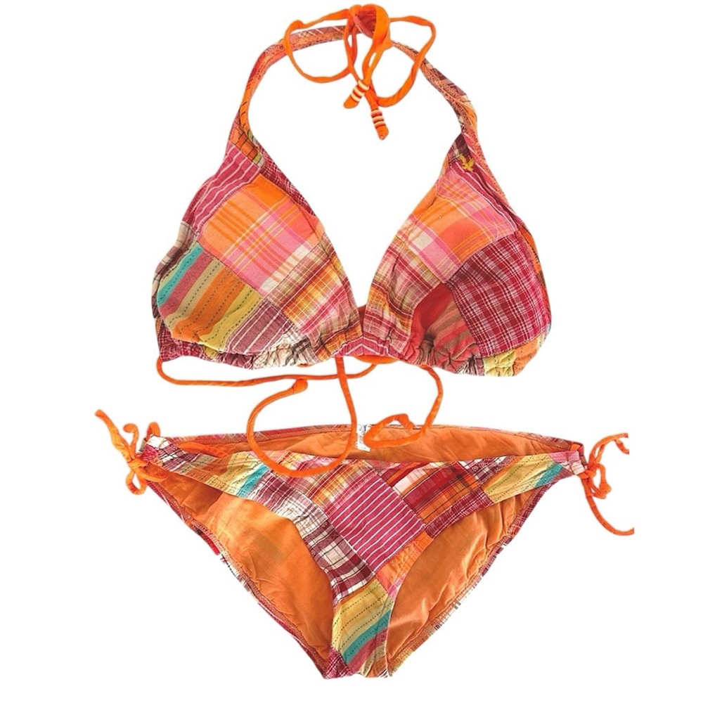 American Eagle Patchwork Plaid Bikini Y2K Vintage Orange Plaid Beaded Size Large